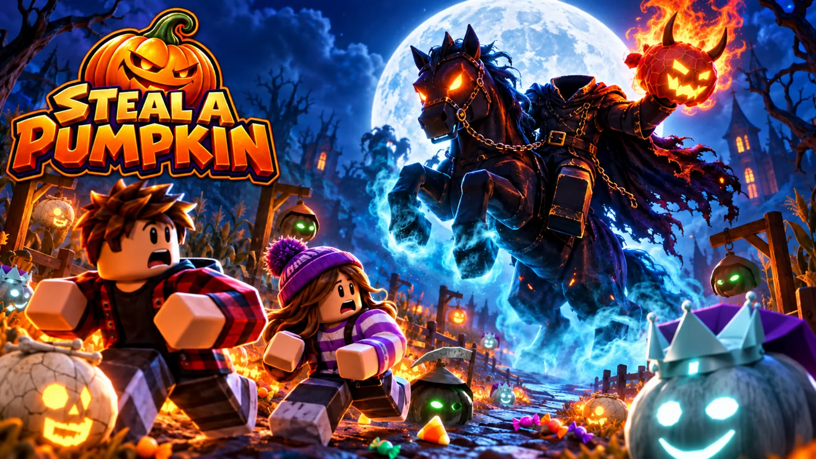 Players flee the flaming Headless Horseman under a full moon.