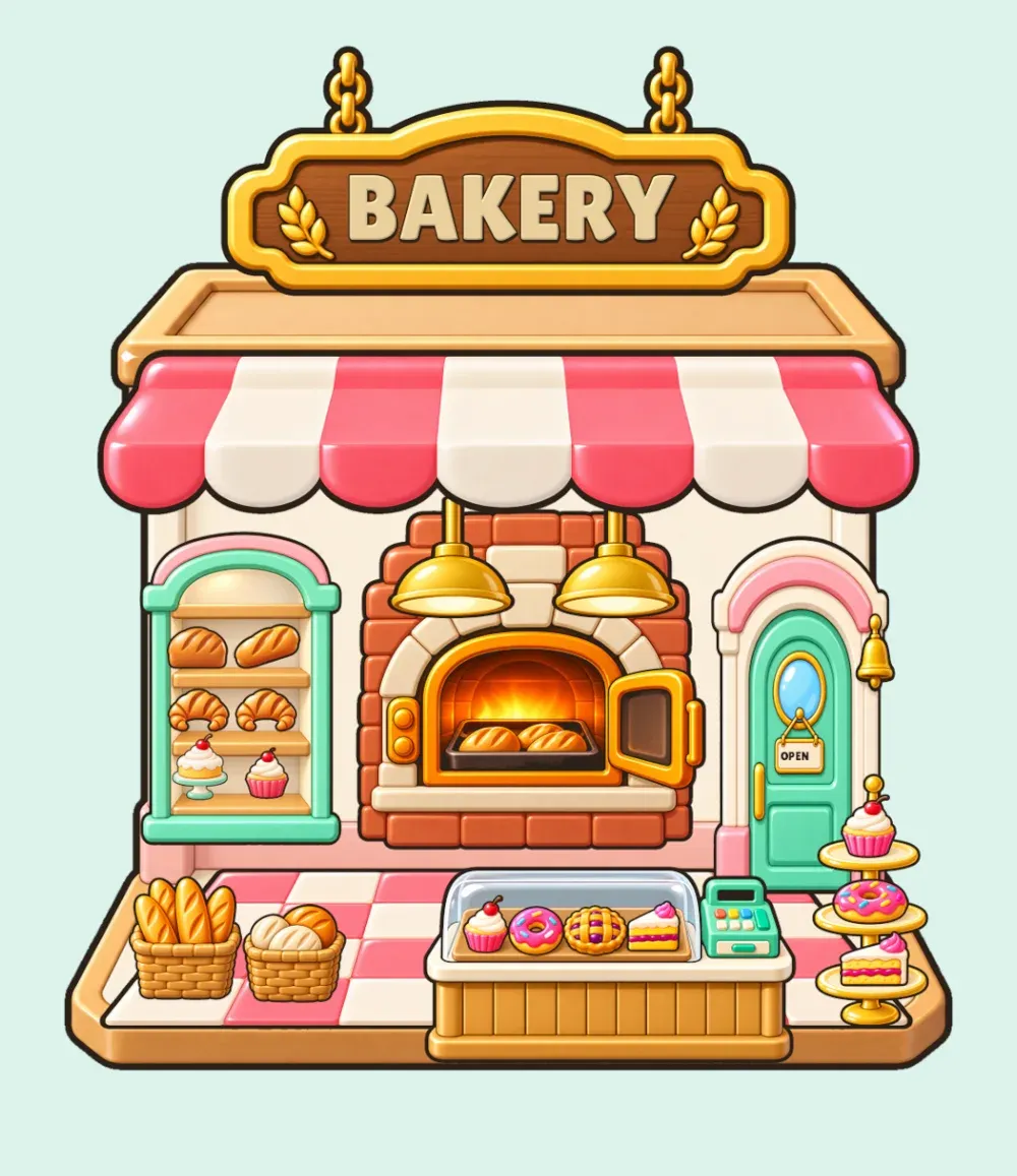 The Bakery, with an oven, bread racks and a cake display.